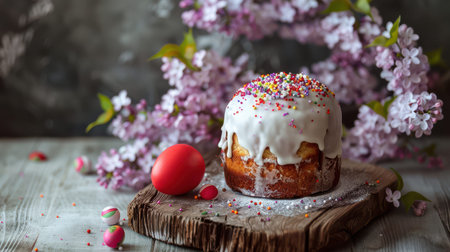 Small easter cake with icing and red egg on wooden slab.