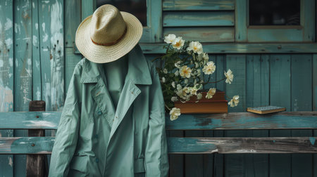 Coat and straw hat hanging beside flower box on painted bench.の写真素材