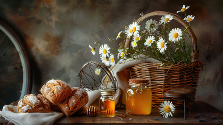 Basket of daisies with jars and bread on wooden table.