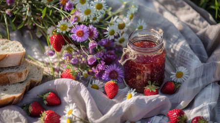 Strawberry jam jar surrounded by flowers on blanket.
