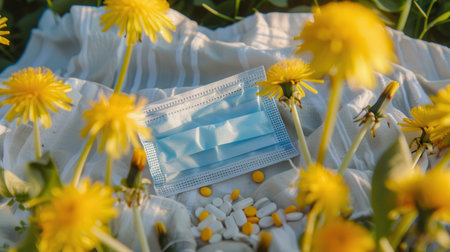 Medical mask and pills placed among dandelions on cloth.の写真素材
