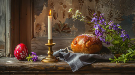 Easter bread with candle and flowers on windowsill.