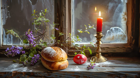 Braided bread and lit candle on aged window ledge.