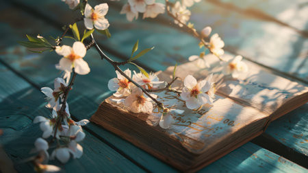Old book with flowering branch placed on painted wood.の写真素材