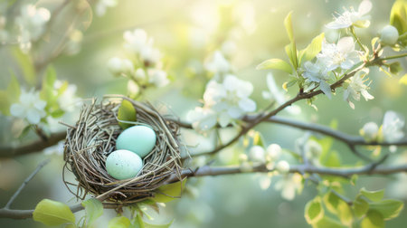 Pale eggs nestled in twig nest on flowering branch.