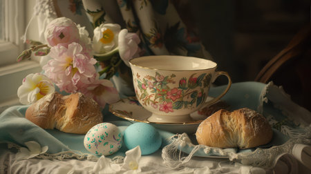 Decorated teacup beside rolls and painted eggs on table.