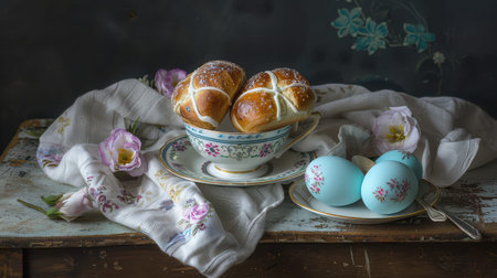 Bowl of hot cross buns and painted eggs on rustic table.