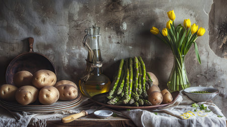 Asparagus and potatoes beside oil bottle and yellow tulips.の写真素材