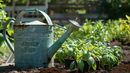 Metal watering can pouring water over young seedlings in garden.