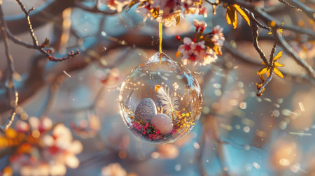 Glass sphere hanging with eggs and flowers on branches.