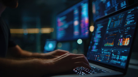 Person typing on laptop displaying data dashboards in office.