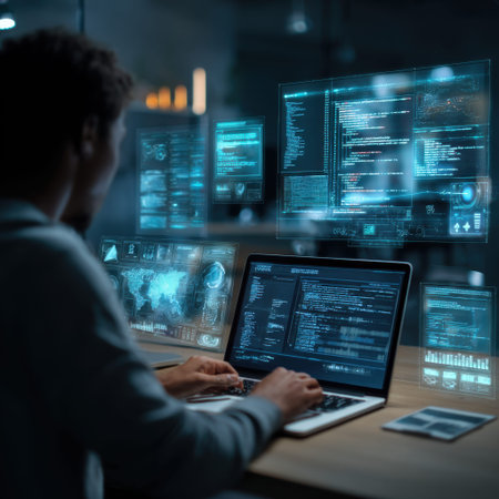 Developer working on multiple screens displaying code in office.