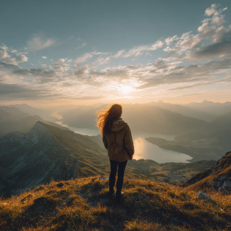 Person standing on mountain peak overlooking valley at sunrise.の写真素材