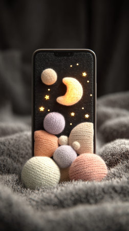 Smartphone displaying knitted moon and stars on blanket.