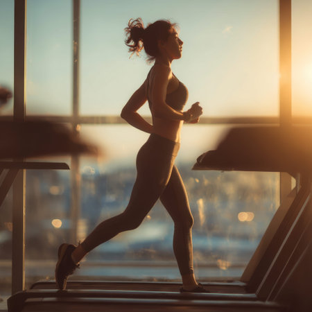 Young woman jogging on treadmill at sunrise in fitness center.