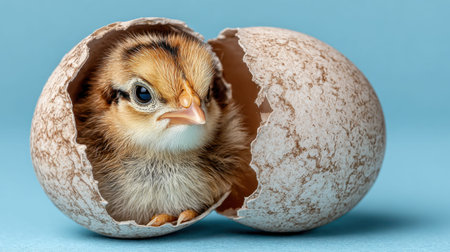 Chick sitting inside cracked eggshell on blue surface.