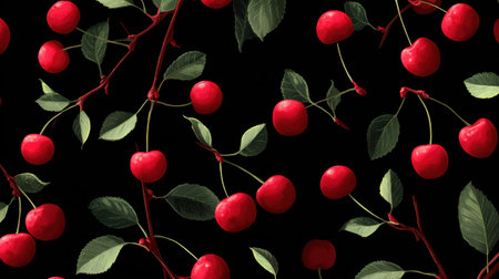 Cherries scattered with leaves on black background.
