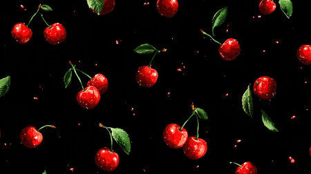 Cherries paired and scattered with leaves on black background.