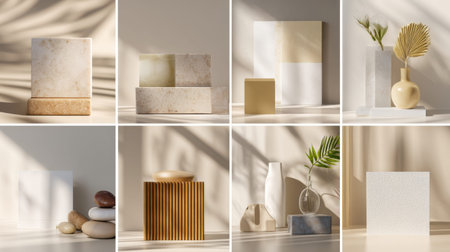 Minimal beige product display with geometric podiums and vases.
