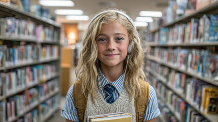 Girl wearing headphones holding books in library aisle.