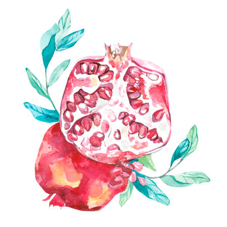 card watercolor of pomegranate with leavesの写真素材