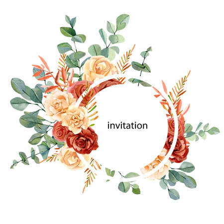 Watercolor floral frame, red and peach flowers roses and peonies, eucalyptus leaves. Autumn floral design for wedding invitation, bridal shower, baby showerの写真素材