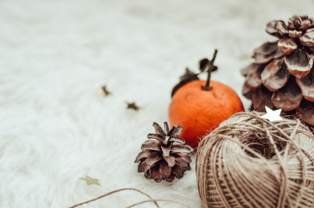 winter composition with twine and conesの写真素材