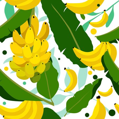 Exotic fruits color seamless pattern with bananas and palm leaves for textile industry, pillows, posters, t-shirts or print design. Tropical nature vector illustration. Fresh fruits vector backgroundのイラスト素材