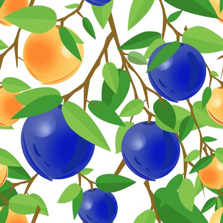 Ripe apricots and plums on branch with leaves. Seamless pattern for textile industry, textures, pillows, posters, t-shirts or print design. Cartoon vector illustration of fruits on white backgroundのイラスト素材