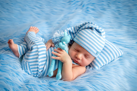 portrait of a newborn baby 0-14 days old on a blue fur background, a newborn's dreamの写真素材