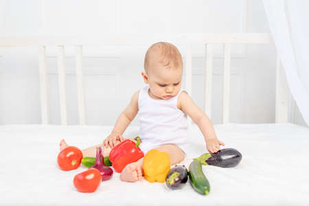 little baby boy 8 months old sitting on the bed in the nursery with vegetables, baby feeding, baby food concept, place for textの写真素材