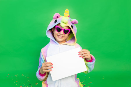 a little girl on a green isolated background in a bright suit holding a white sheet of paper. Space...