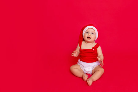 a small child of six months in a Santa hat sits on a red isolated photophone in expectation and...