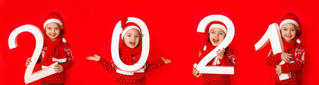 a little girl in a Santa hat holds numbers in the shape of 2021 on a red background. New year's...