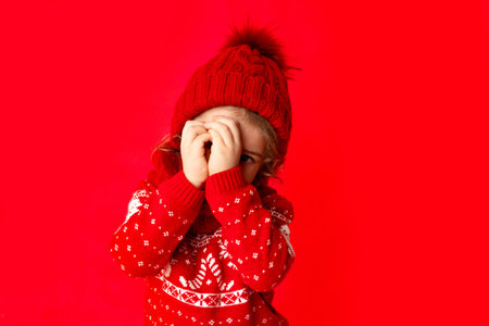 a little girl in winter clothes spies on a red background. New year's concept, place for textの写真素材