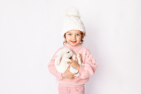a little girl in winter clothes holds a rabbit on a white background. New year's concept, space for textの写真素材