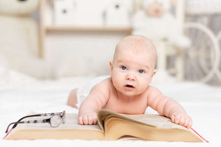 baby reading a book or looking at it in the nursery, learning and development conceptの写真素材