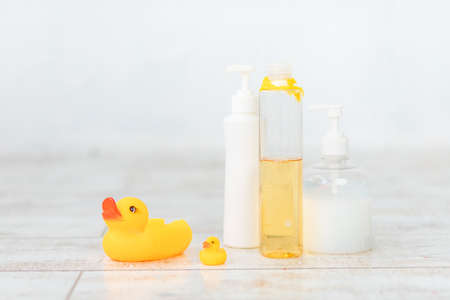baby bath and bathing accessories, towel and shampooの写真素材