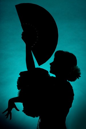 Silhouette of a Spanish flamenco dancer with fanの写真素材