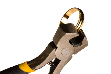 Divorce symbol of cutting a wedding ring with pincers