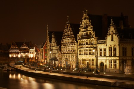 Three beautiful medieval step-gabled guild-houses in Ghent, Belgiumの写真素材