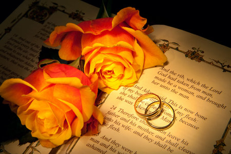 Two wedding rings and roses on a bible with Genesis text - the decorations in the book are copied from a 400 years old bible.の写真素材