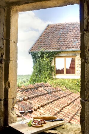 Lunch for two in a window in the South of Franceの写真素材