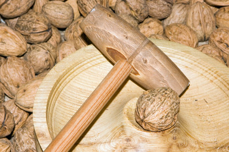 Hammer, bowl and lots of walnuts on a French marketの写真素材