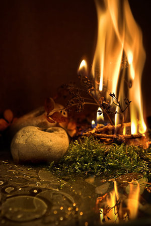 Fire burning, reflected in a water pool