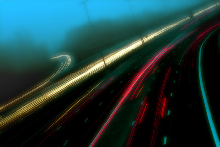 Angle shot of a highway in thick fog