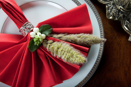 Festive red decorated napkin with ornate sterling silver napkin ringの写真素材