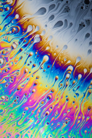 Colorful detail in an extreme closeup of a real soap bubble