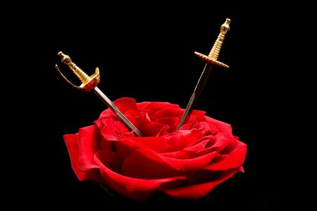 Two miniature swords cutting the heart of a red roseの写真素材