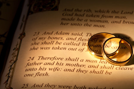 Rings and Bible with Genesis text of Adam and Eve, a typical wedding text - the book illustration is copied from a 400 years old bible.の写真素材
